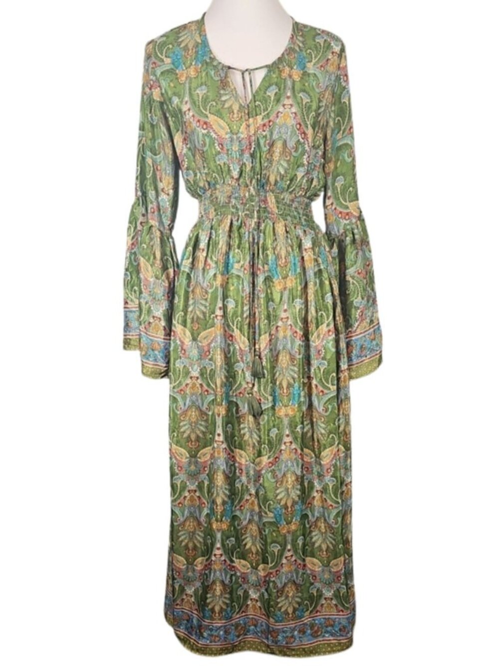 Zury Silk Maxi Dress Freesize Bell Sleeve Smocked Waist Boho Cottagecore Hippie